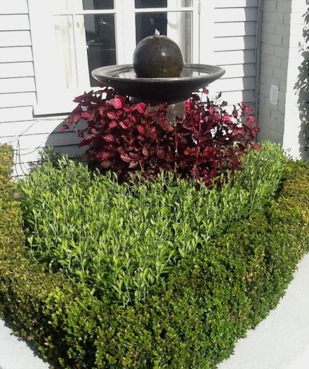A sphere water feature over clipped hedging and burgundy planting
